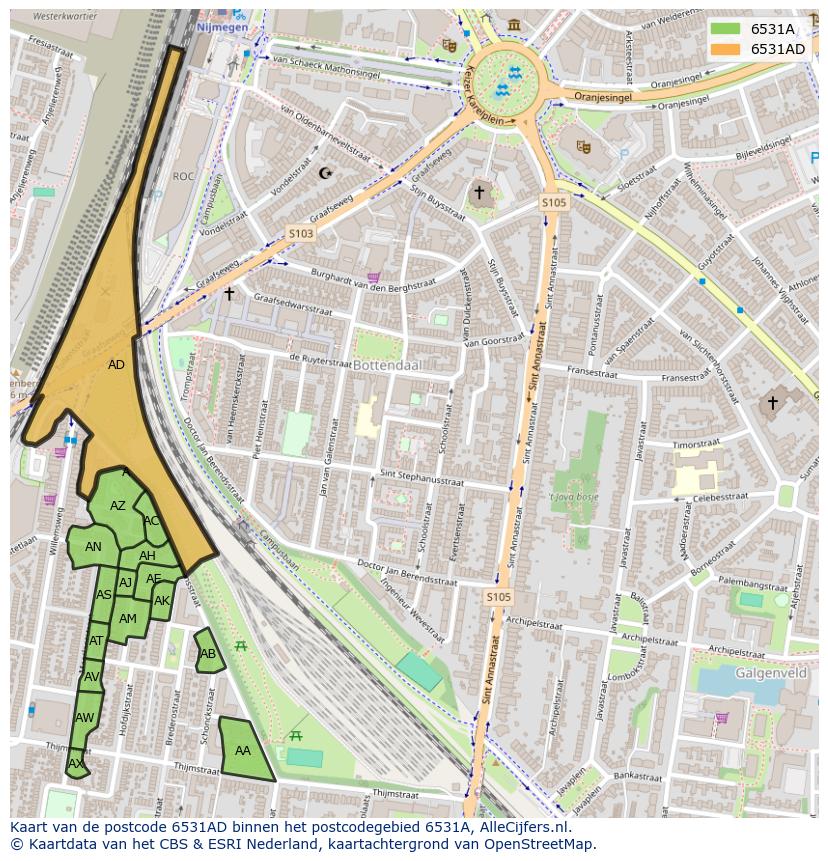 Afbeelding van het postcodegebied 6531 AD op de kaart.