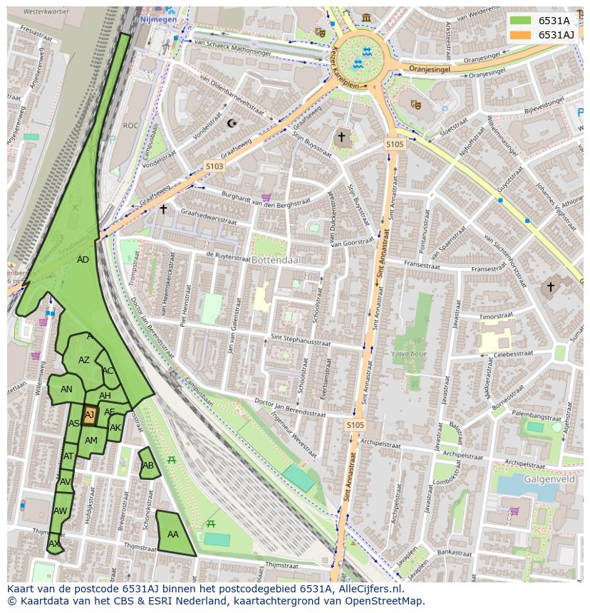 Afbeelding van het postcodegebied 6531 AJ op de kaart.