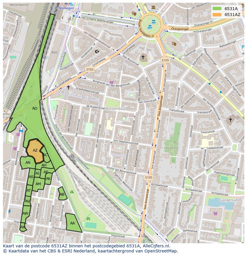 Afbeelding van het postcodegebied 6531 AZ op de kaart.