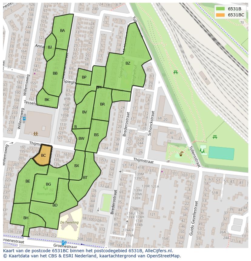 Afbeelding van het postcodegebied 6531 BC op de kaart.