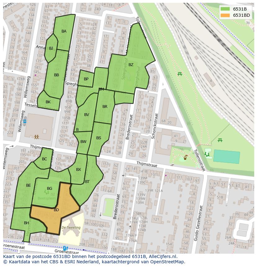 Afbeelding van het postcodegebied 6531 BD op de kaart.