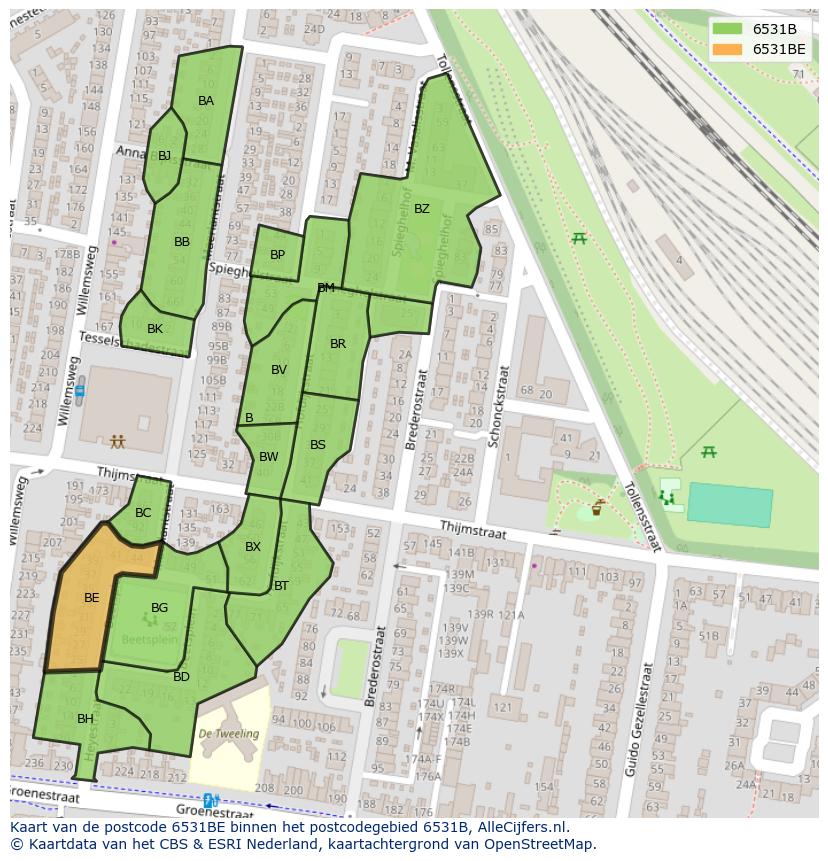 Afbeelding van het postcodegebied 6531 BE op de kaart.