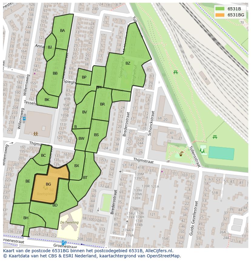 Afbeelding van het postcodegebied 6531 BG op de kaart.