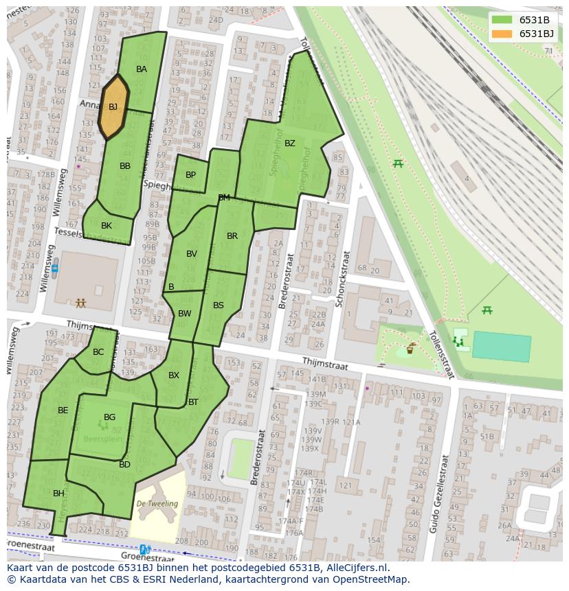 Afbeelding van het postcodegebied 6531 BJ op de kaart.