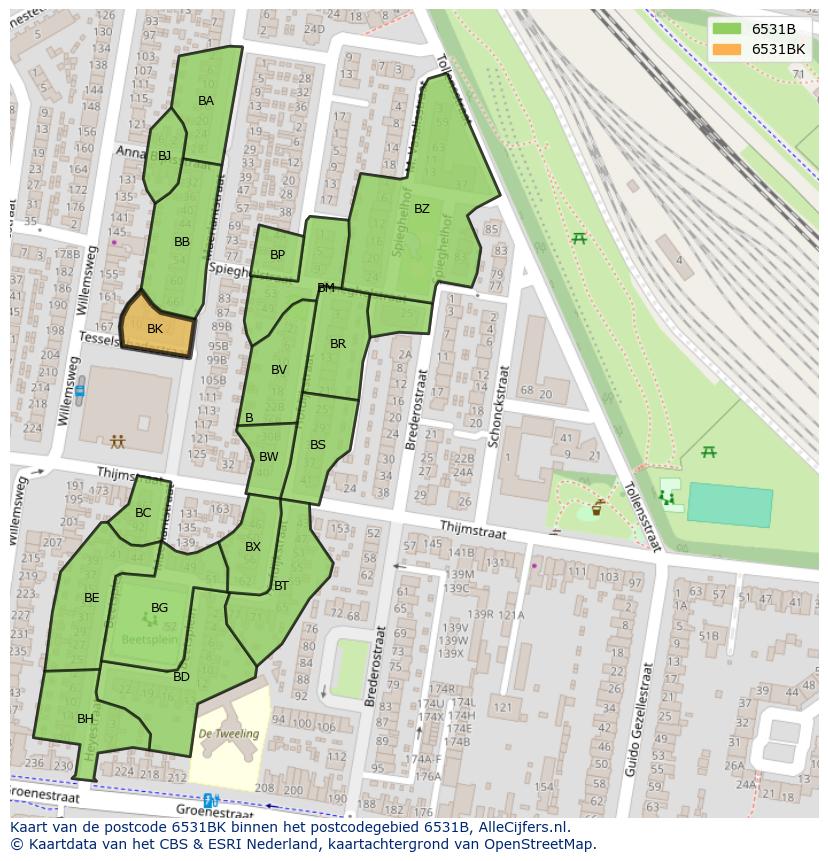 Afbeelding van het postcodegebied 6531 BK op de kaart.