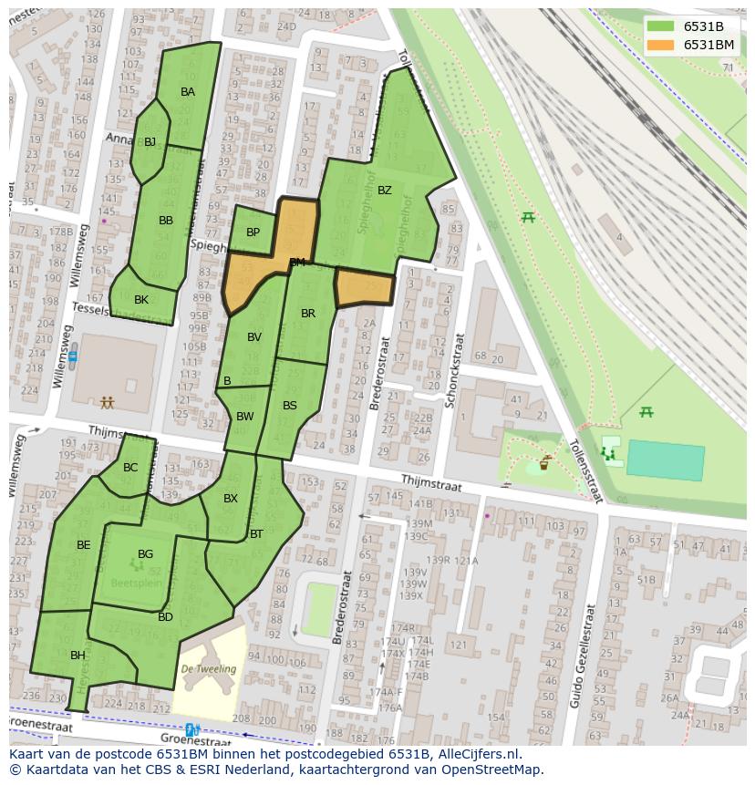 Afbeelding van het postcodegebied 6531 BM op de kaart.