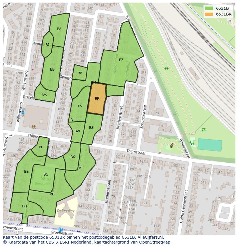 Afbeelding van het postcodegebied 6531 BR op de kaart.