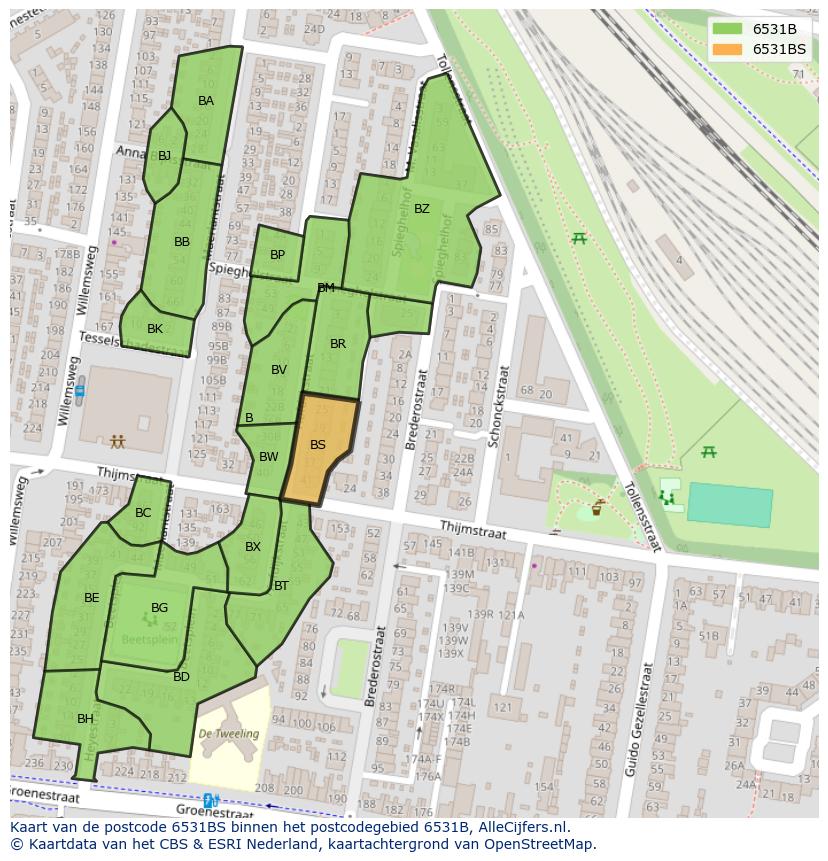 Afbeelding van het postcodegebied 6531 BS op de kaart.