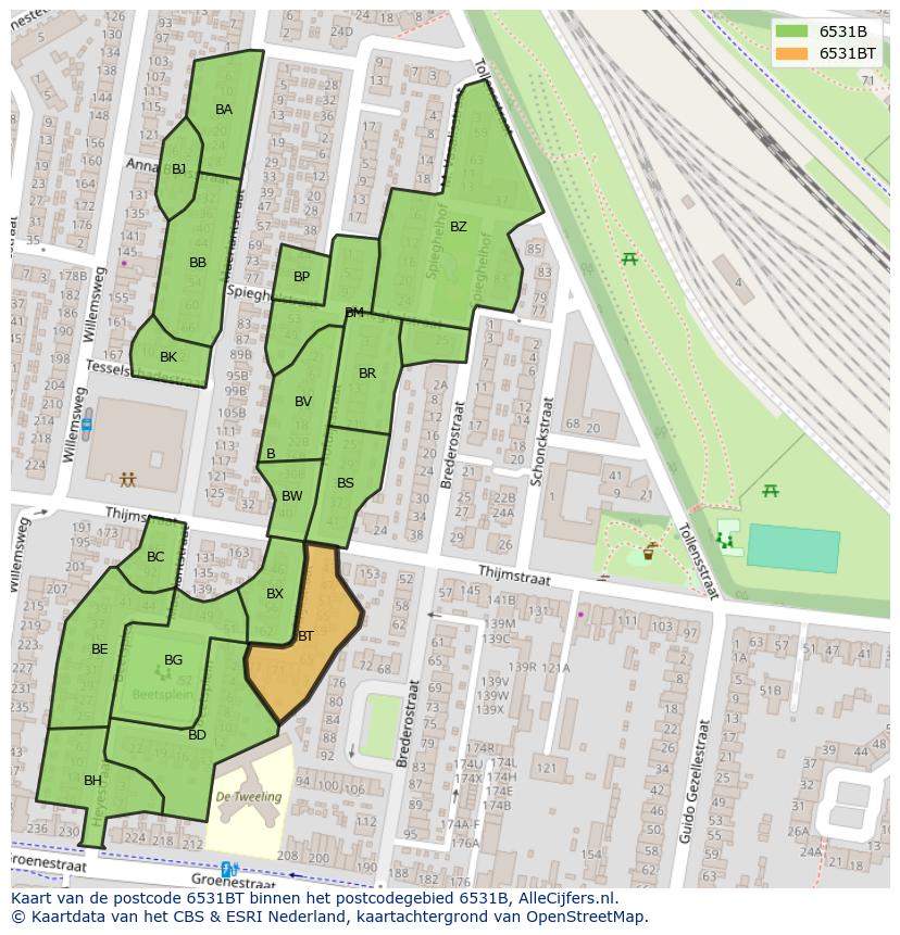 Afbeelding van het postcodegebied 6531 BT op de kaart.