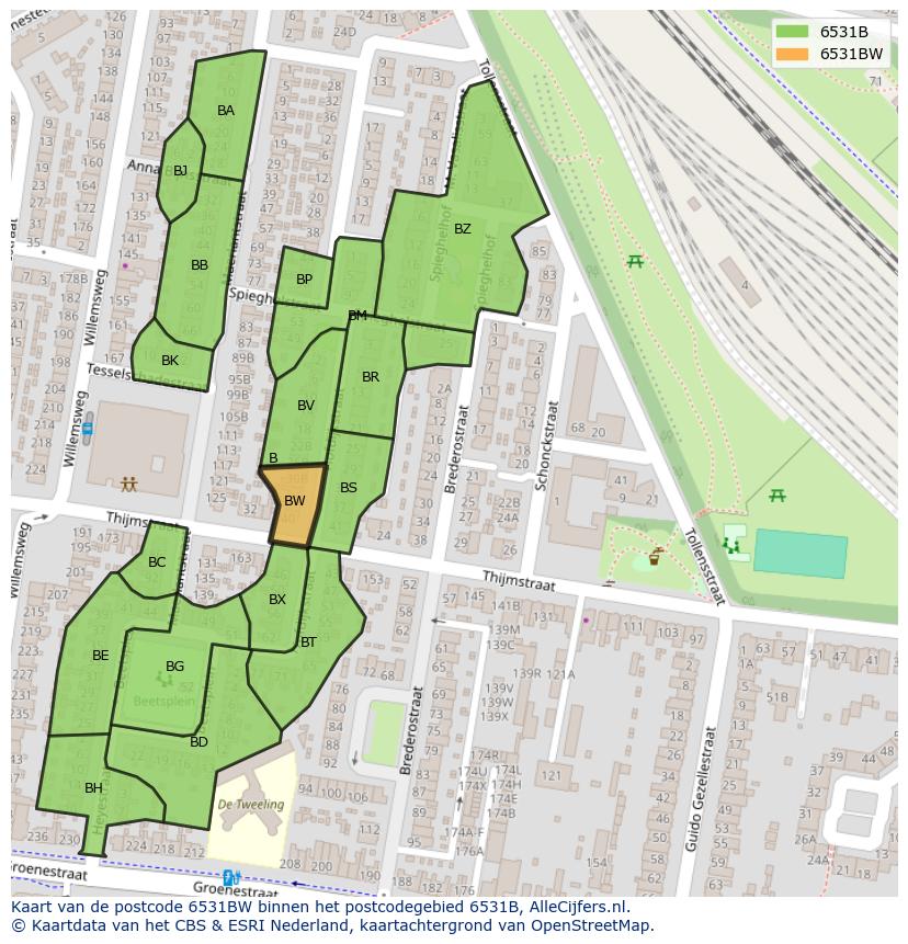 Afbeelding van het postcodegebied 6531 BW op de kaart.