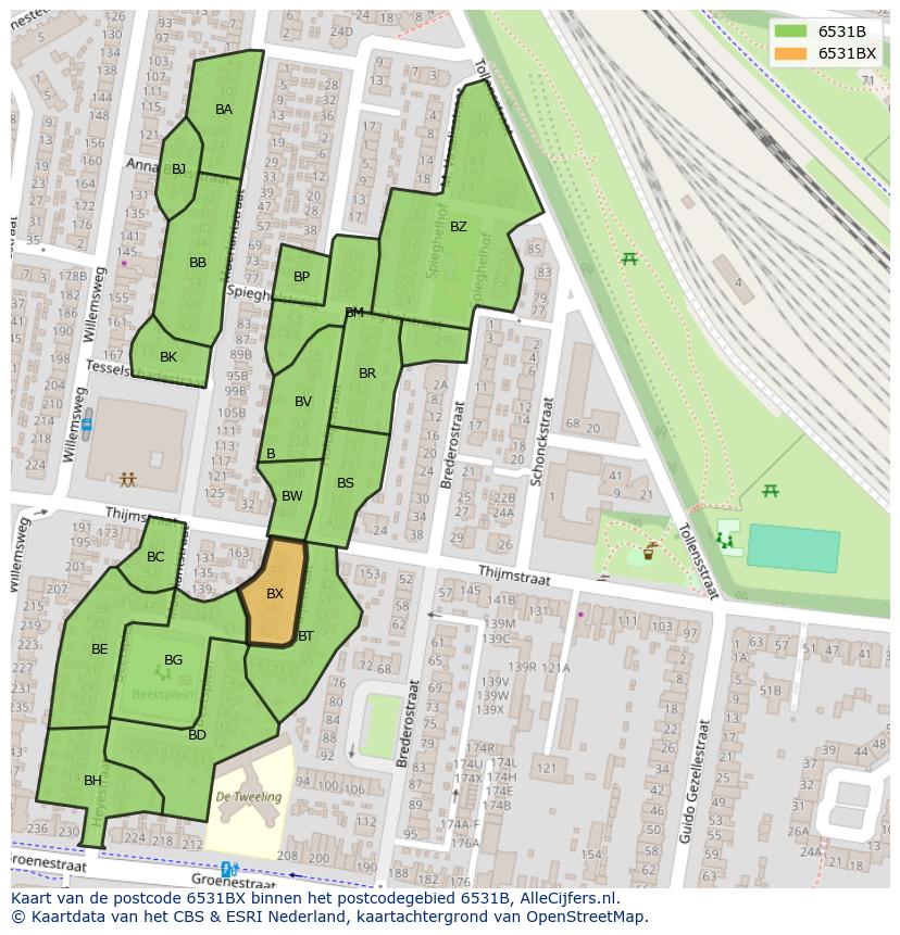 Afbeelding van het postcodegebied 6531 BX op de kaart.