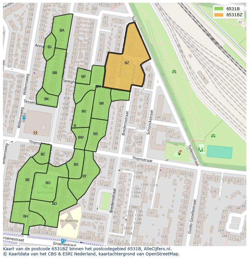 Afbeelding van het postcodegebied 6531 BZ op de kaart.