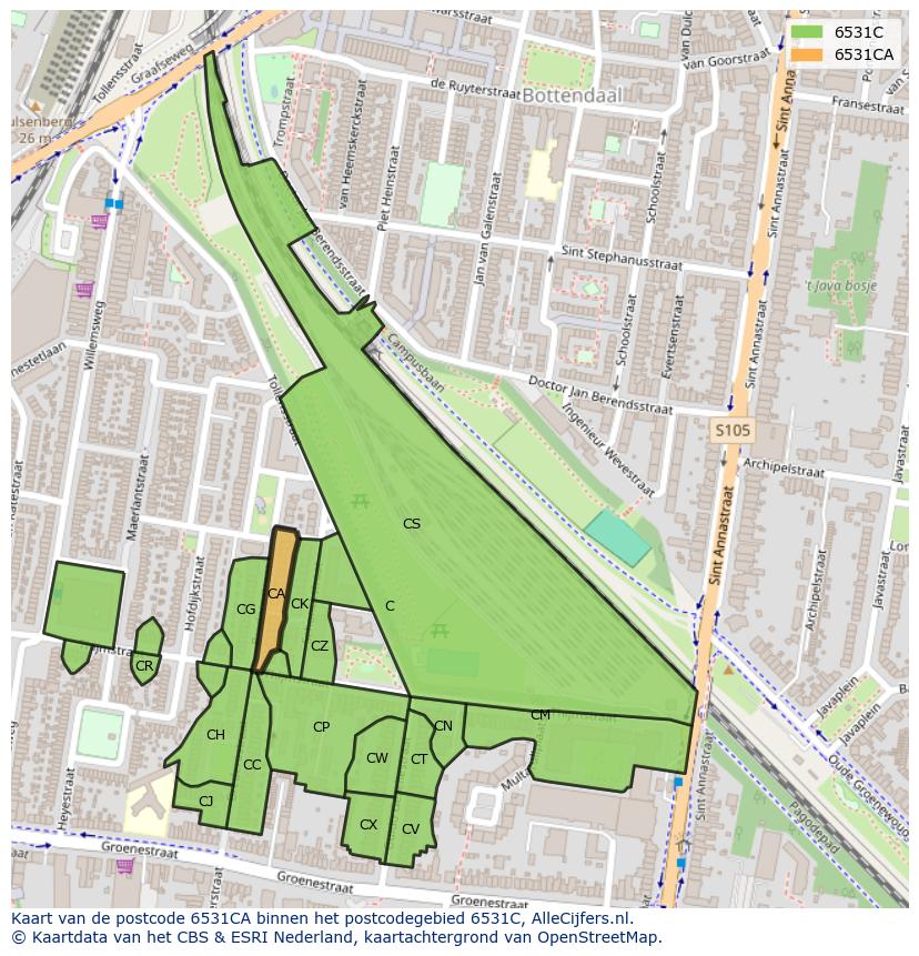 Afbeelding van het postcodegebied 6531 CA op de kaart.