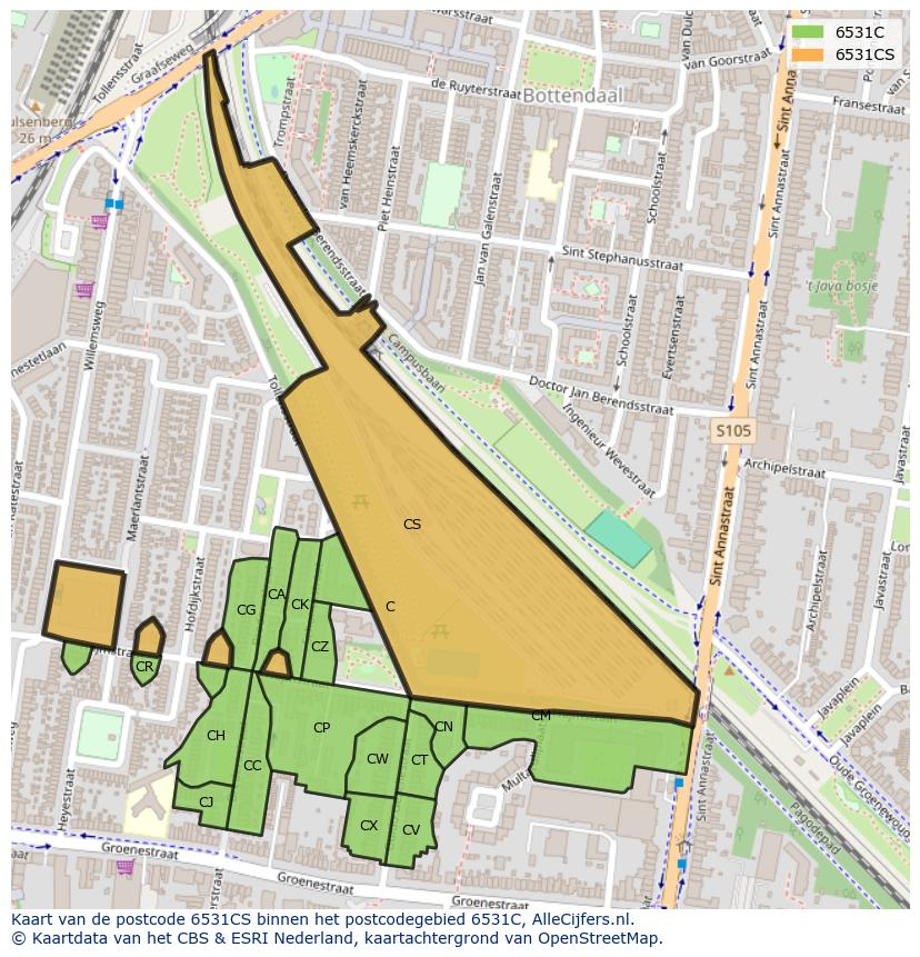 Afbeelding van het postcodegebied 6531 CS op de kaart.