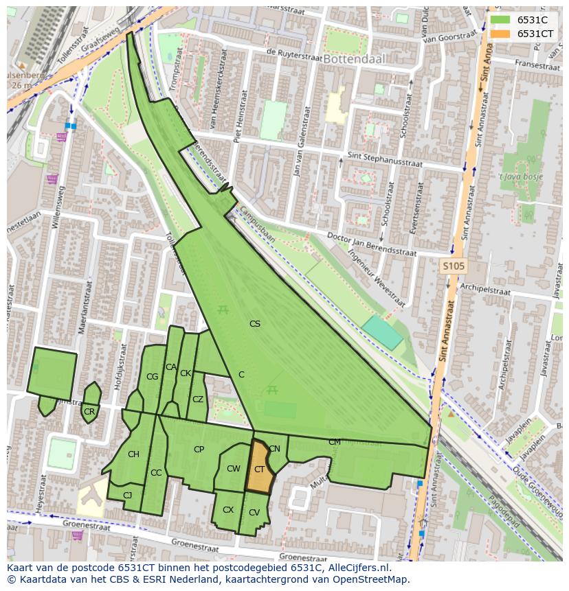 Afbeelding van het postcodegebied 6531 CT op de kaart.