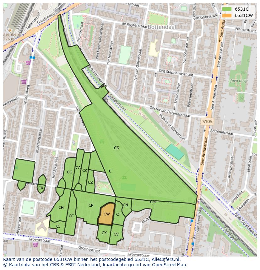 Afbeelding van het postcodegebied 6531 CW op de kaart.