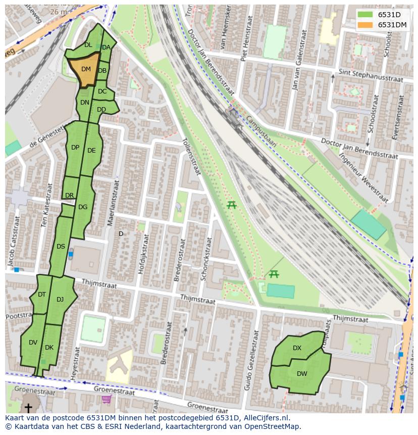 Afbeelding van het postcodegebied 6531 DM op de kaart.