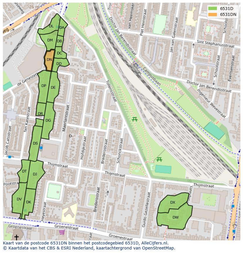 Afbeelding van het postcodegebied 6531 DN op de kaart.