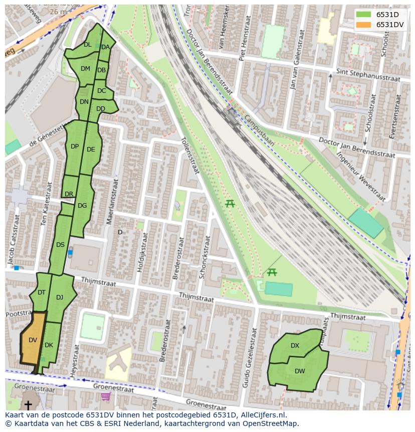 Afbeelding van het postcodegebied 6531 DV op de kaart.