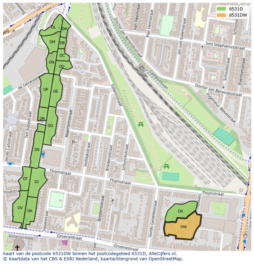 Afbeelding van het postcodegebied 6531 DW op de kaart.