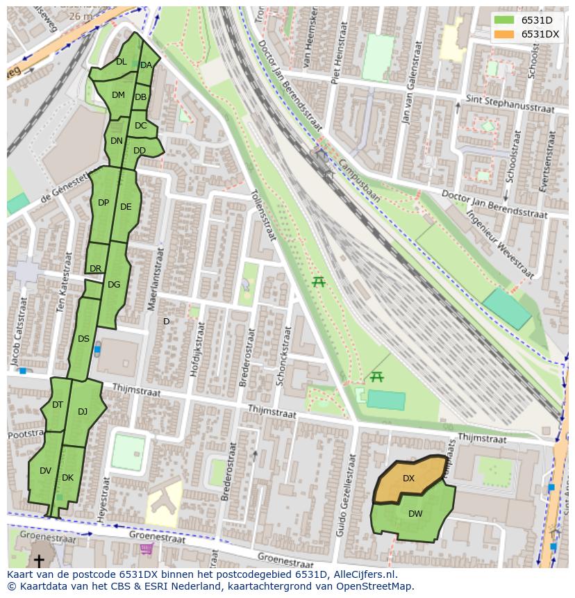 Afbeelding van het postcodegebied 6531 DX op de kaart.