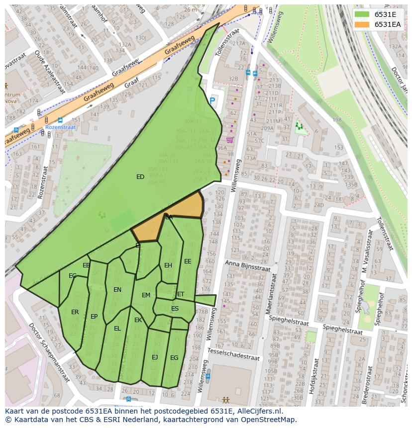 Afbeelding van het postcodegebied 6531 EA op de kaart.