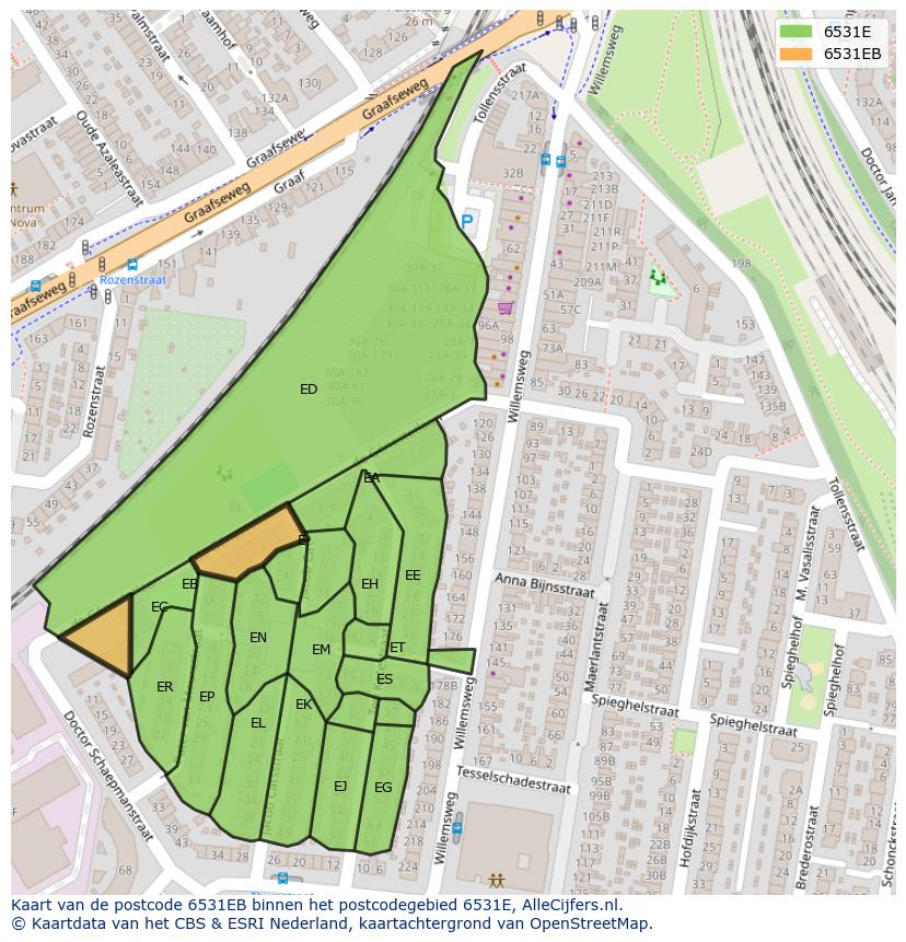 Afbeelding van het postcodegebied 6531 EB op de kaart.
