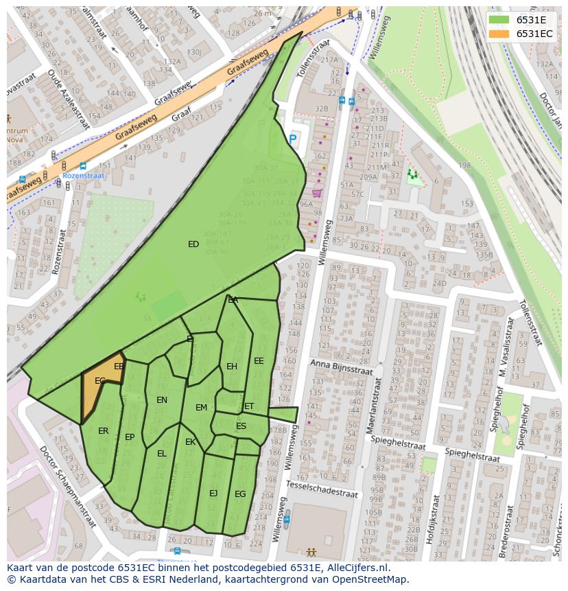 Afbeelding van het postcodegebied 6531 EC op de kaart.