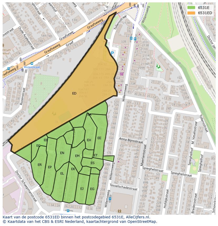 Afbeelding van het postcodegebied 6531 ED op de kaart.