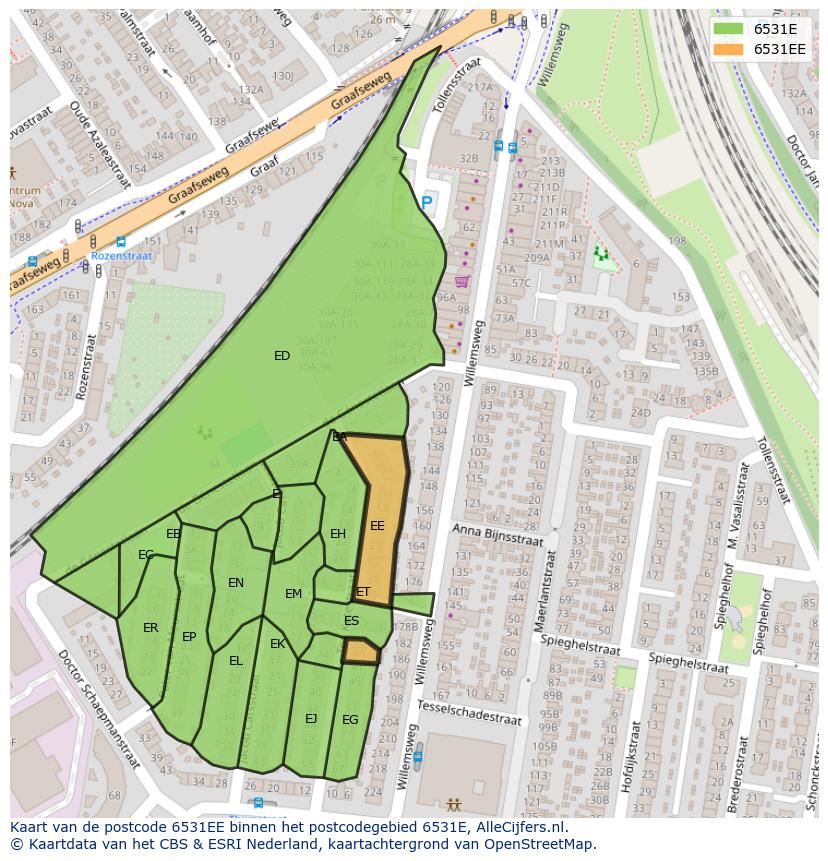 Afbeelding van het postcodegebied 6531 EE op de kaart.