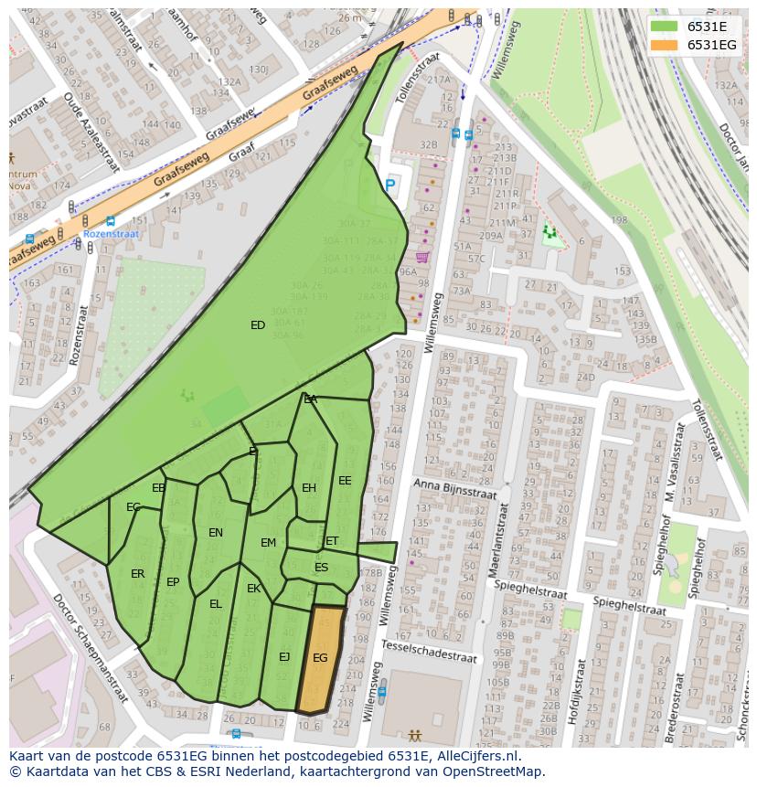Afbeelding van het postcodegebied 6531 EG op de kaart.