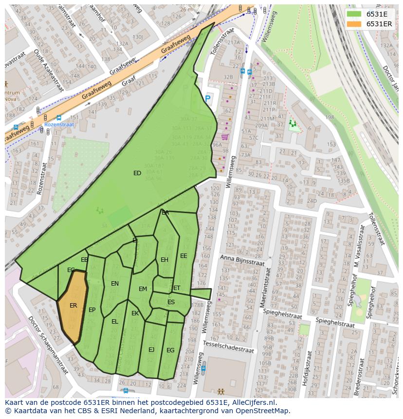 Afbeelding van het postcodegebied 6531 ER op de kaart.