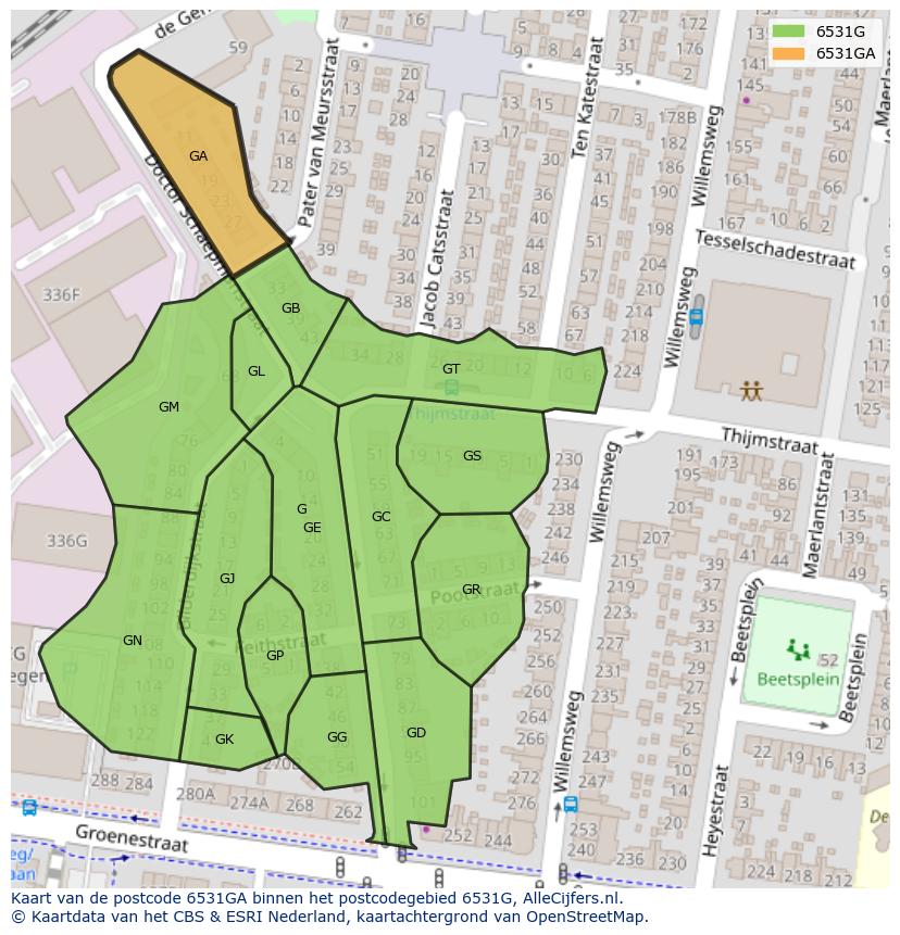 Afbeelding van het postcodegebied 6531 GA op de kaart.