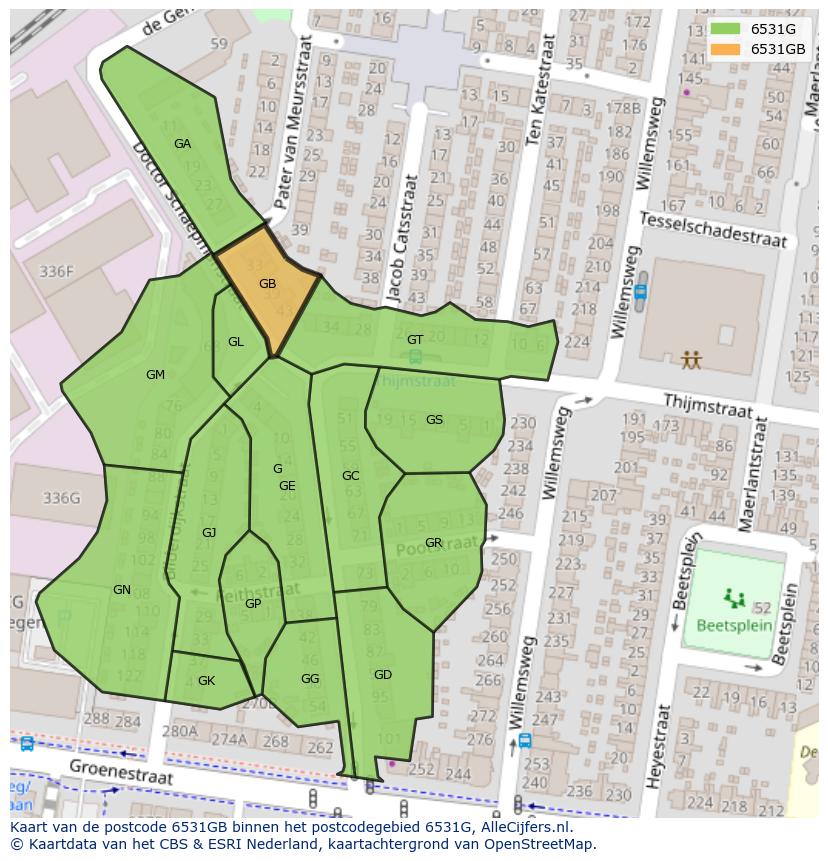 Afbeelding van het postcodegebied 6531 GB op de kaart.