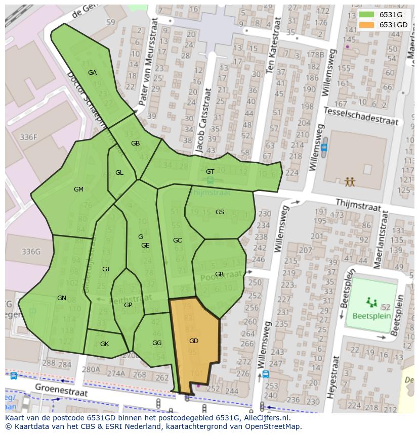 Afbeelding van het postcodegebied 6531 GD op de kaart.