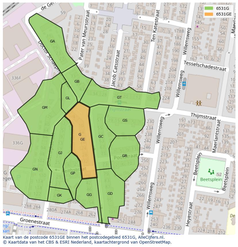 Afbeelding van het postcodegebied 6531 GE op de kaart.