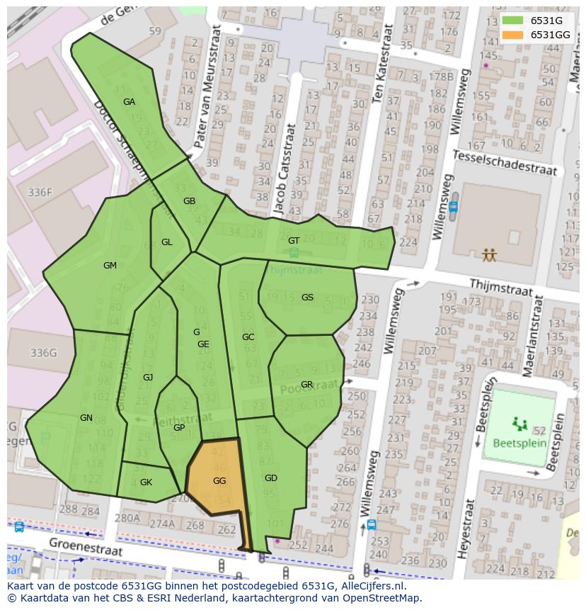 Afbeelding van het postcodegebied 6531 GG op de kaart.