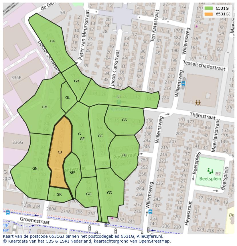 Afbeelding van het postcodegebied 6531 GJ op de kaart.