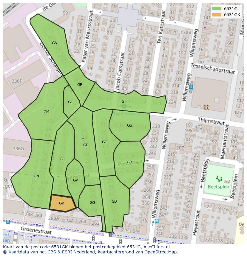 Afbeelding van het postcodegebied 6531 GK op de kaart.