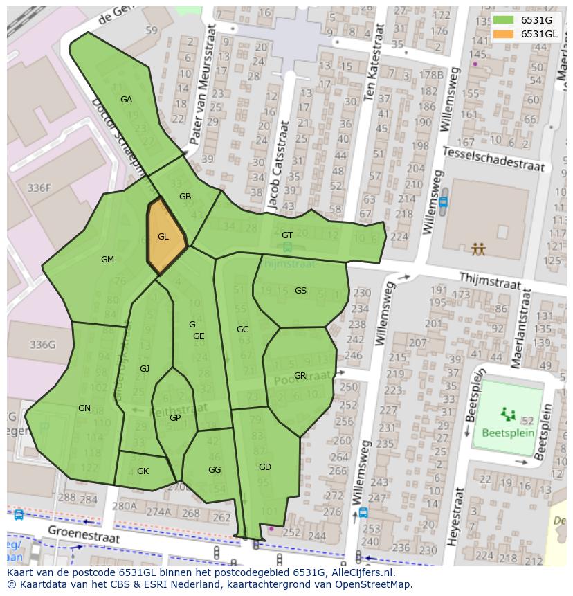 Afbeelding van het postcodegebied 6531 GL op de kaart.