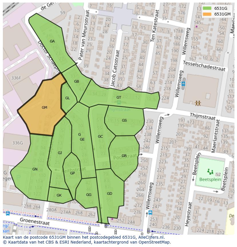 Afbeelding van het postcodegebied 6531 GM op de kaart.