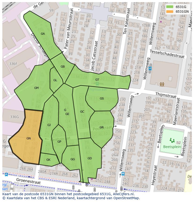 Afbeelding van het postcodegebied 6531 GN op de kaart.