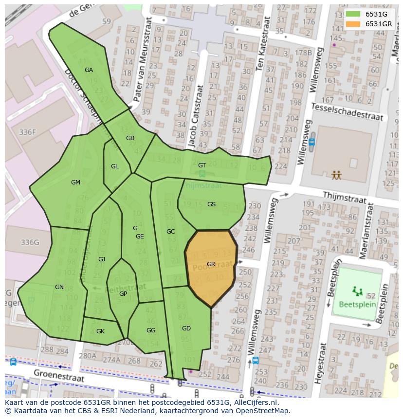 Afbeelding van het postcodegebied 6531 GR op de kaart.