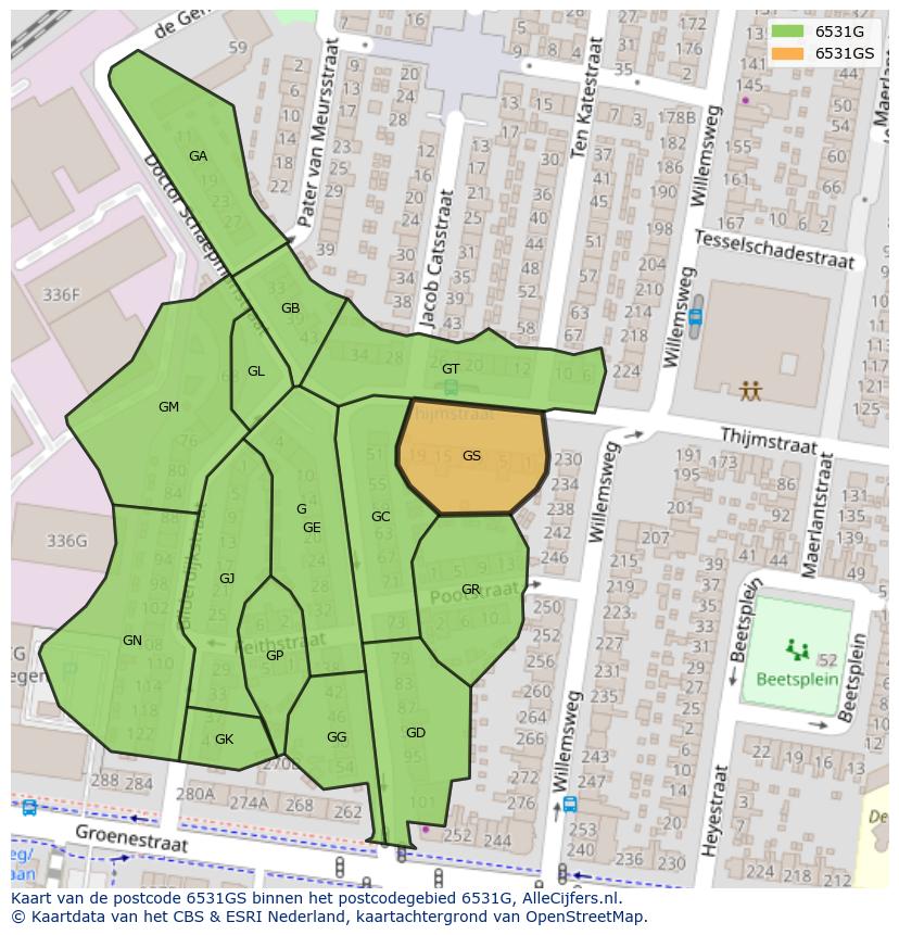 Afbeelding van het postcodegebied 6531 GS op de kaart.