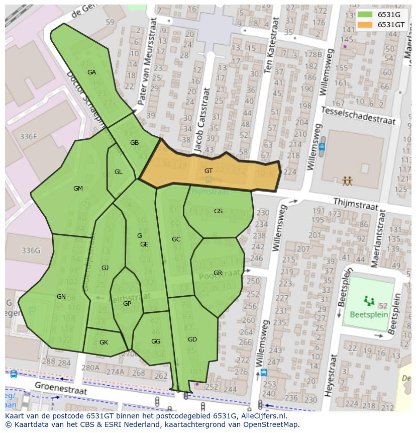 Afbeelding van het postcodegebied 6531 GT op de kaart.