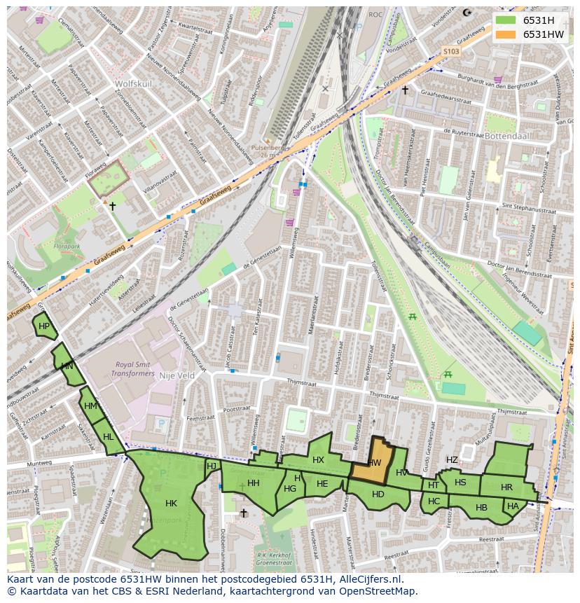 Afbeelding van het postcodegebied 6531 HW op de kaart.