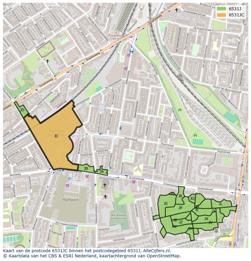 Afbeelding van het postcodegebied 6531 JC op de kaart.