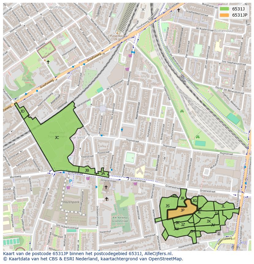 Afbeelding van het postcodegebied 6531 JP op de kaart.
