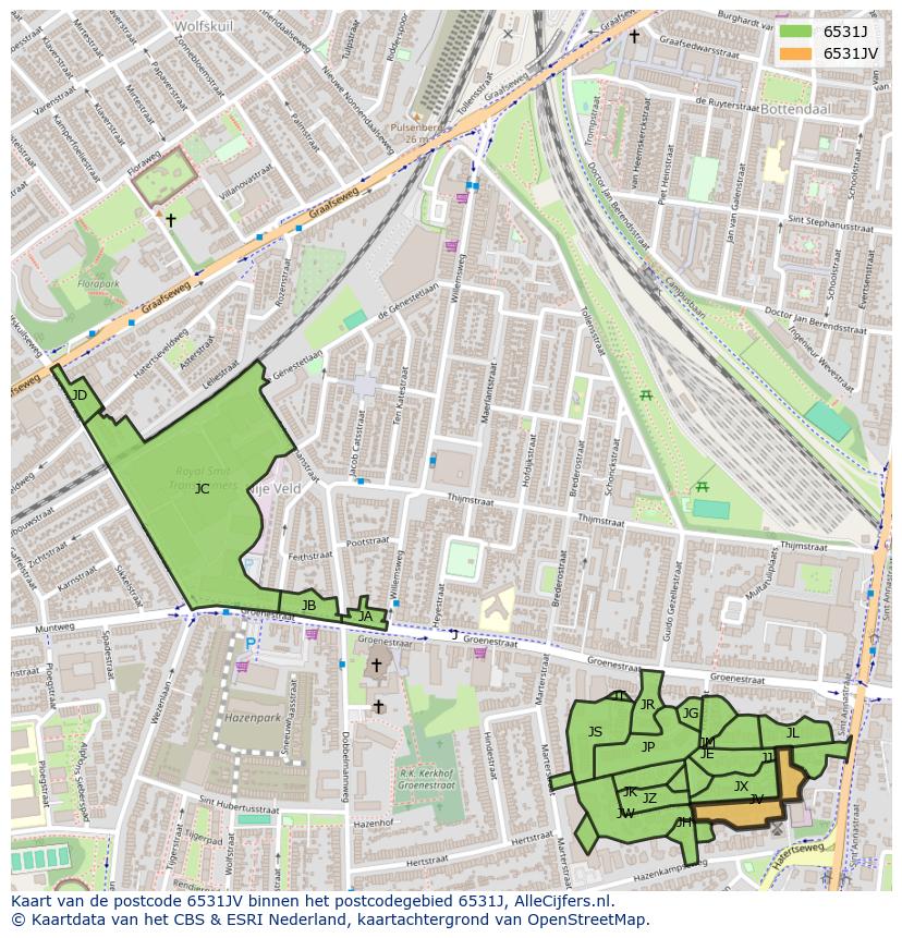 Afbeelding van het postcodegebied 6531 JV op de kaart.
