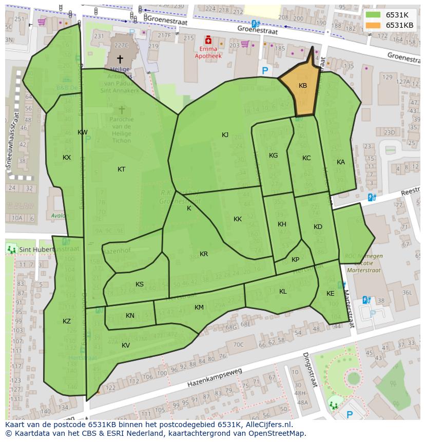 Afbeelding van het postcodegebied 6531 KB op de kaart.